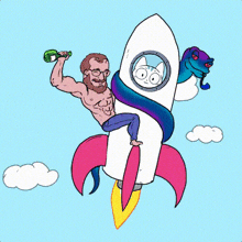 a man is riding a rocket with a cat on it