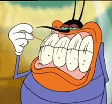 a cartoon character with a big mouth and teeth is holding a toothpick in his mouth .