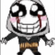 a cartoon character with a hood and bloody eyes is smiling .