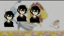 a cartoon character with black hair and green eyes has the number 7 on his head