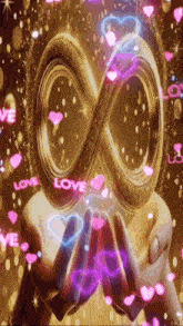 a person is holding an infinity symbol in their hands surrounded by pink hearts