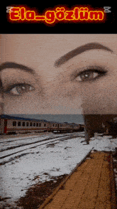 a collage of a woman 's face and a snowy train yard