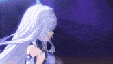 a girl with long white hair is wearing a blue outfit