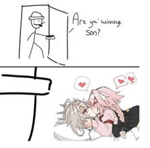 a drawing of a man holding a box and a girl kissing .