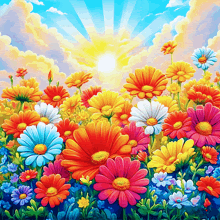 a bunch of colorful flowers with the sun shining through the clouds