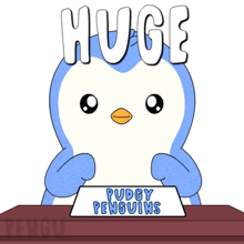 a penguin sitting at a table with a sign that says puddy penguins on it