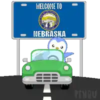 a cartoon penguin is driving a car in front of a welcome to nebraska sign