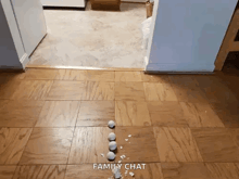 a row of eggs on a wooden floor with the words family chat below them