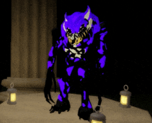 a purple monster is standing in a dark room