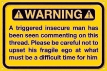 a yellow sign that says `` warning a triggered insecure man has been seen commenting on this thread .