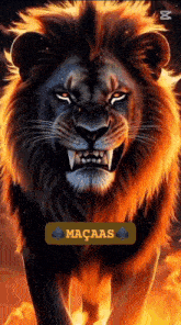 a painting of a lion with a sign that says macaas on it