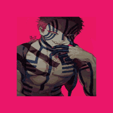 a pixel art drawing of a man with red hair and blue stripes on his chest