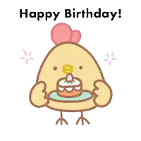 a chicken holding a cake with the words happy birthday