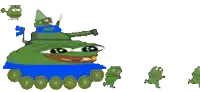 a cartoon of a tank with frogs on it and a helicopter in the background .