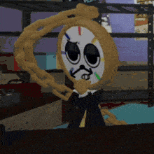 a cartoon character holding a clock with a face on it