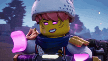 a lego character with purple eyes and pink hair