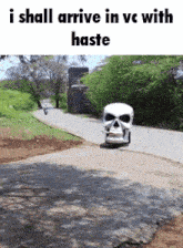 a skull is sitting on the side of a road