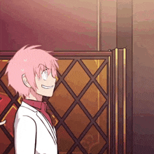 a man with pink hair is standing in front of a door