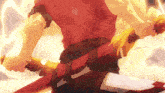 a man in a red shirt is holding a sword with flames behind him