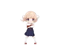a little girl in a blue dress is running with a backpack on her back