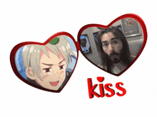 a picture of a man with a beard and a heart with the word kiss on it