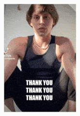 a man is squatting down with the words thank you thank you thank you on the bottom