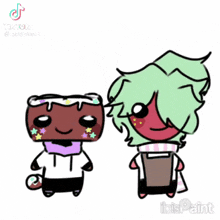 a cartoon character is standing next to a cartoon character with a cake on his head .
