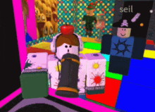 a cartoon character wearing headphones and a red apple on his head is standing in a room with a sign that says seil