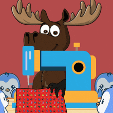 a moose is sitting at a sewing machine with penguins behind it