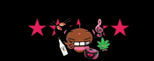 a cartoon character holding a bottle of rum and a marijuana leaf
