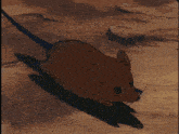 a cartoon mouse with a blue tail is walking on the ground