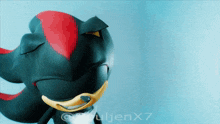 a shadow the hedgehog statue with a blue background behind it