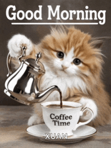 a cat is pouring coffee into a cup which says coffee time