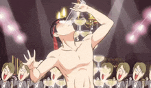 a cartoon of a shirtless man drinking from a pyramid of champagne glasses .