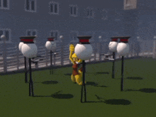 a cartoon character is kneeling down in front of a bunch of lamps