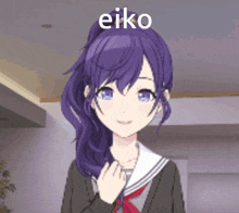 a girl with purple hair is wearing a school uniform and has the word eiko above her head .