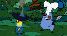 a cartoon character with a chef 's hat is cooking on a campfire