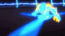 a blue and yellow lightning bolt is coming from a person 's hand .
