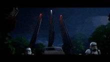 a group of stormtroopers are standing in front of a car
