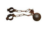 a pair of rusty handcuffs and a ball on a chain