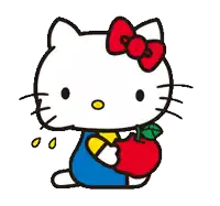 a hello kitty holding a red apple with a red bow