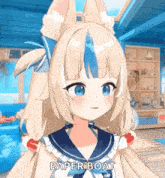 a girl with blonde hair and blue eyes is wearing a sailor outfit .