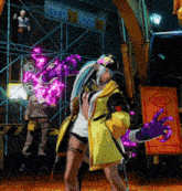 a woman in a yellow coat is standing in front of a sign that says " scaffolding "
