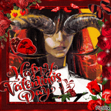 a valentine 's day greeting card with a woman with horns