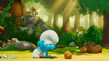 a smurf in a cartoon scene with the word smurfs on the bottom