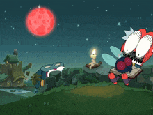 a cartoon character is holding a yellow stick in front of a red moon
