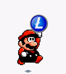 a pixel art of mario holding a blue coin with a l on it