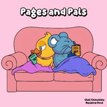 a cartoon of a duck and a mouse sitting on a couch with the words pages and pals above them