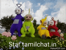 a group of teletubbies are standing in a field with the words star tamilchat.in below them