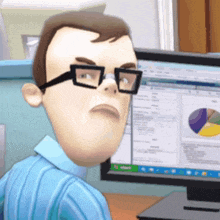a cartoon man wearing glasses is looking at a computer monitor